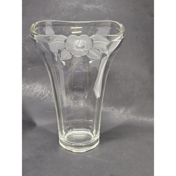 Tall Clear Mikasa (Unsigned) Vase With Flared Top And Frosted Floral - Picture 1 of 6